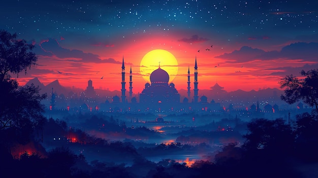 Ramadan Kareem background with mosque and sunset