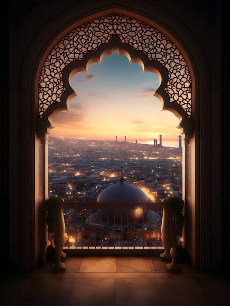 Ramadan Kareem background with mosque window and sunset sky