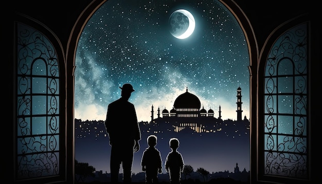 Ramadan Kareem begroet moslimfamilie biddend en kijkend door het raam Generatieve AI