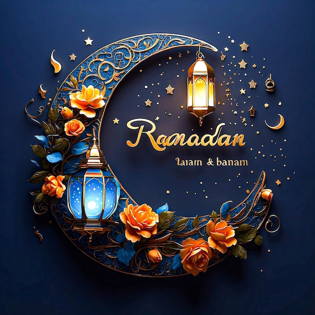 Foto ramadan kareem begroetingsontwerp met halve maan en lantaarn