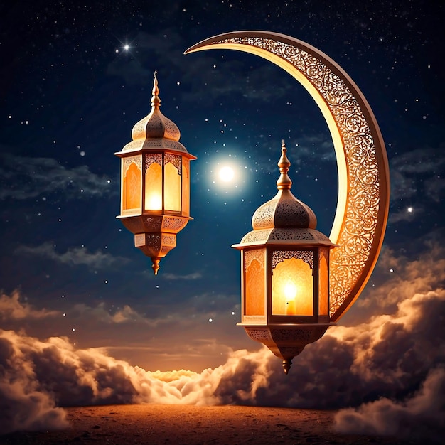 Ramadan Kareem Begroetingsontwerp met halve maan en lantaarn