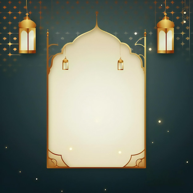 Ramadan Kareem Blank Greeting Card with Decorative Lanterns and islamic shape