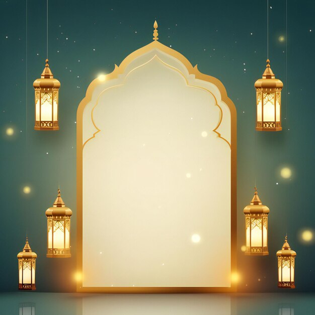 Ramadan Kareem Blank Greeting Card with Decorative Lanterns and islamic shape