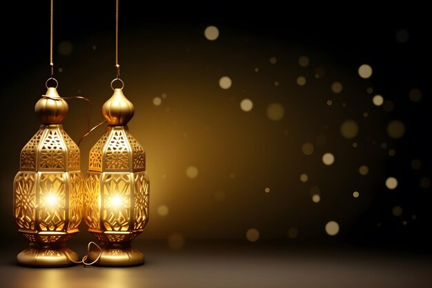 Ramadan kareem calligraphy with glowing lantern greeting card design