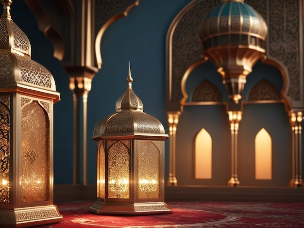 라마단 카림  ⁇ 불 밝은 럭셔리 등불과 빛나는 이슬람 배경으로 우아한 장식