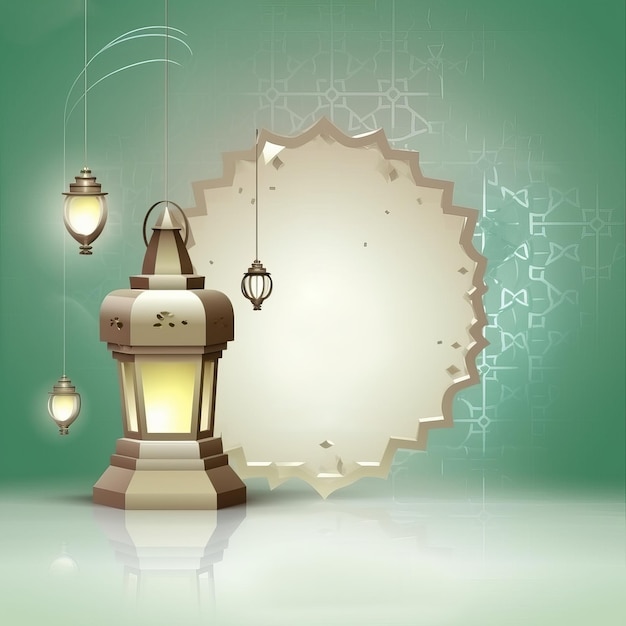 A Ramadan Kareem card design featuring a crescent and lantern along with Islamic greetings