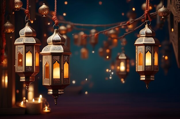 Ramadan kareem card with islamic hanging lanterns