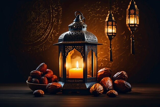 Ramadan kareem card with lantern and dates in darkness