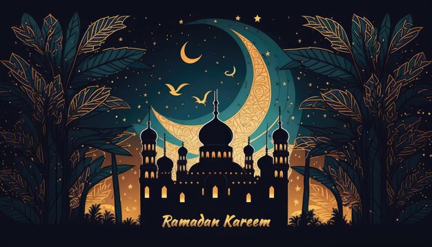 Ramadan Kareem celebration banner with a mosque and night sky with stars and crescent