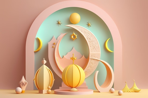 ラマダン カリームのお祝いと装飾、3 D レンダリング イラスト デザイン
