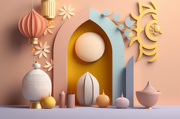 Ramadan Kareem Celebration and Decoration,3D Render Illustration Design