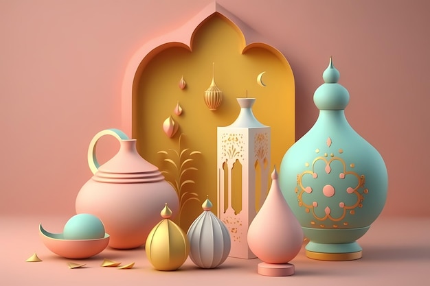 Ramadan Kareem Celebration and Decoration,3D Render Illustration Design