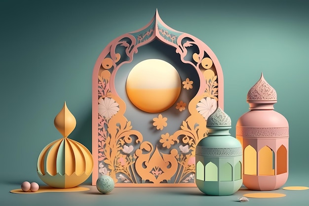 Ramadan Kareem Celebration and Decoration,3D Render Illustration Design