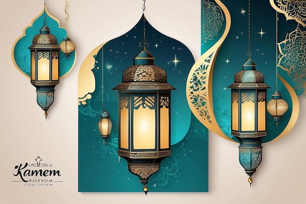 Ramadan kareem celebration greeting card with creative lantern