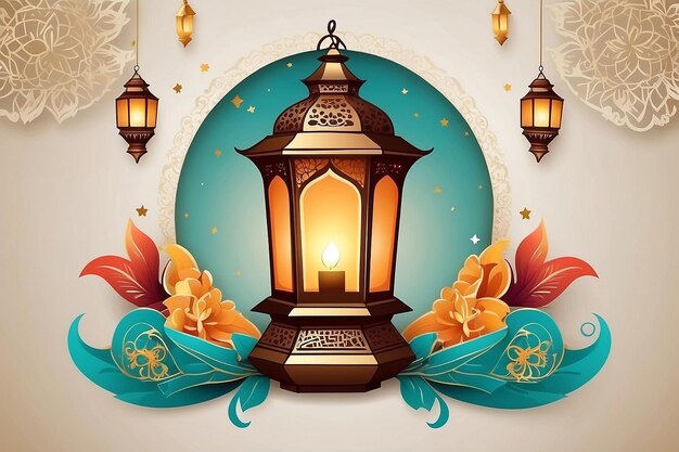Ramadan kareem celebration greeting card with creative lantern