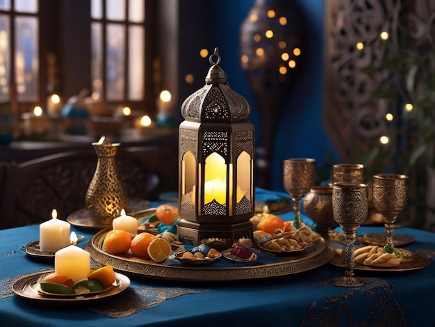Ramadan Kareem concept Arabic lanterns with burning candles
