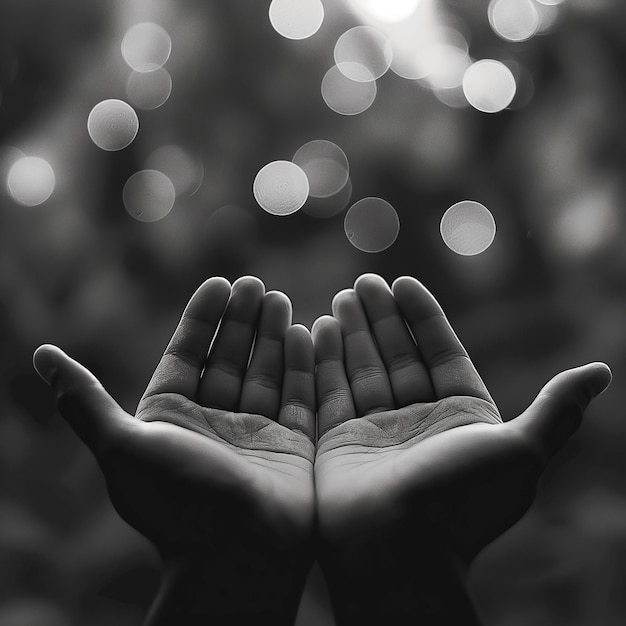 Photo ramadan kareem concept black and white prayer hands open two empty hands with palms up to pray god