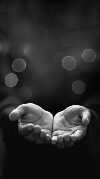 Photo ramadan kareem concept black and white prayer hands open two empty hands with palms up to pray god