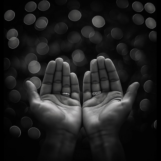 Photo ramadan kareem concept black and white prayer hands open two empty hands with palms up to pray god