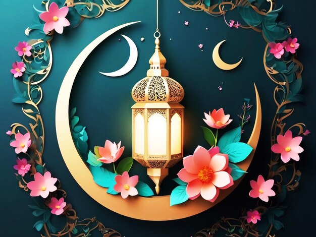 Foto ramadan kareem concept met festival gouden halve maan en bloem groetkaart sjabloon.