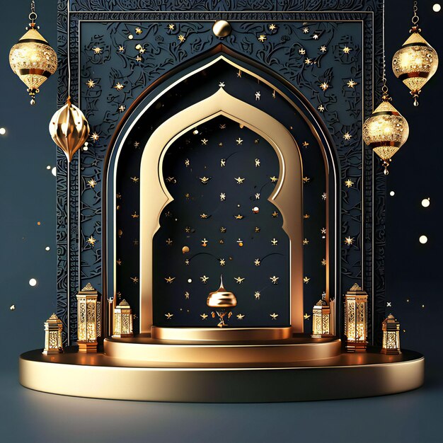 ramadan kareem dark 3d render podium with luxury background