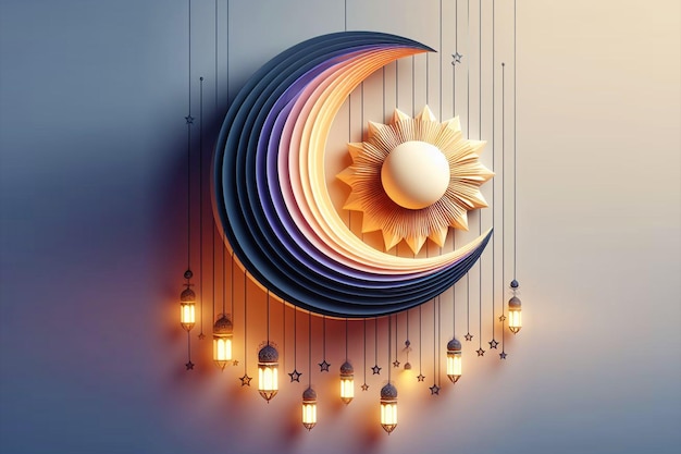 Ramadan Kareem Day with a 3D abstract shape half moon and some hanging light Ramadan lantern