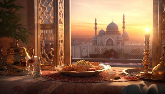 사진 라마단 카레임 다양한 음식과 모스크와 함께 이프타르 파티를위한 맛있는 요리
