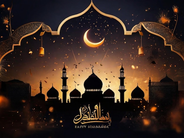 ラマダン・カリームデザイン アラビア語のカリグラフィーでモスクのシルエットを金色の輝きの背景に描いた挨ポスター