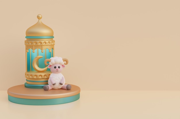 Ramadan Kareem or Eid Al Adha mubarak with cute cartoon sheep gold lantern and crescent moon Muslim Islamic festival 3d rendering