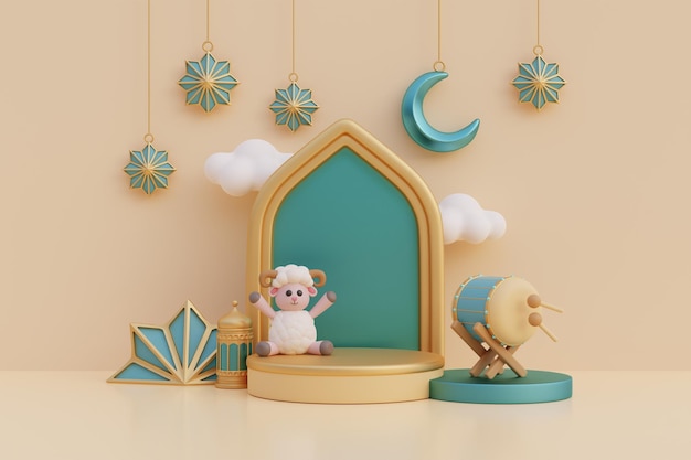 Ramadan Kareem or Eid Al Adha mubarak with cute cartoon sheep mosque gold lantern crescent moon and bedug drum Muslim Islamic festival 3d rendering