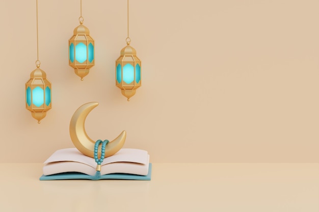 Ramadan Kareem or Eid Al Adha mubarak with Gold lantern crescent moon holy quran and prayer beads Muslim Islamic festival 3d rendering