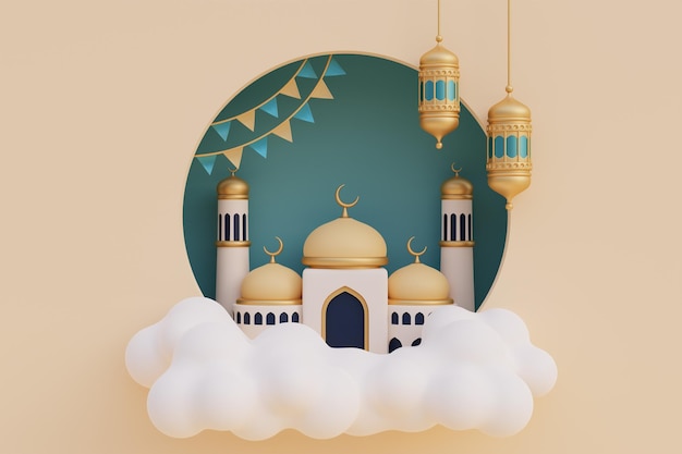 Ramadan Kareem or Eid Al Adha mubarak with mosque gold crescent moon and cloud Muslim Islamic festival 3d rendering