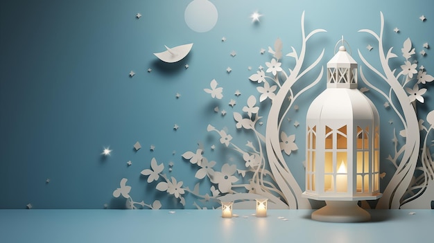 Ramadan kareem eid fitr islamic background illustration Lantern stars flowers in paper cutting 3D