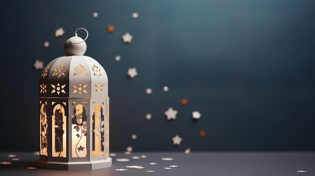 Ramadan kareem eid fitr islamic background illustration Lantern stars flowers in paper cutting 3D