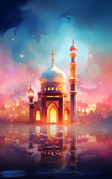 Рамадан Карим Эйд исламская мечеть масляная живопись фоновая иллюстрация красочная эстетическая пастель