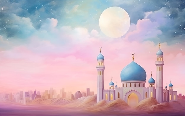 Ramadan kareem eid islamitische moskee olieverf achtergrond illustratie kleurrijke esthetische pastel