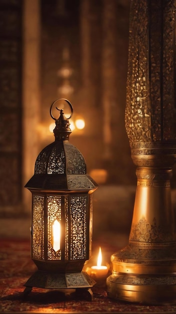 Ramadan kareem eid mubarak free photo mosque lamp in the evening