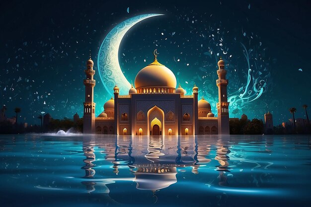 Рамадан Карим и Ид Мубарак поздравления иллюстрируют луну и мечеть в виде брызг воды искусство творческая и уникальная концепция