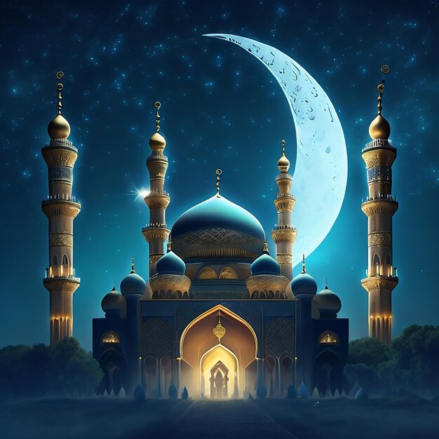 Ramadan Kareem eid mubarak koninklijke elegante lamp met heilige poort van de moskee met vuurwerk