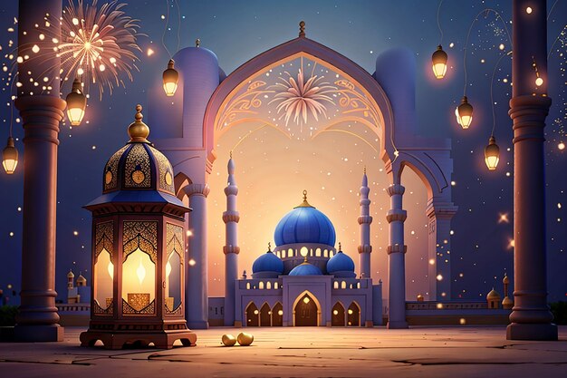 ramadan kareem eid mubarak koninklijke elegante lamp met moskee heilige poort met vuurwerk