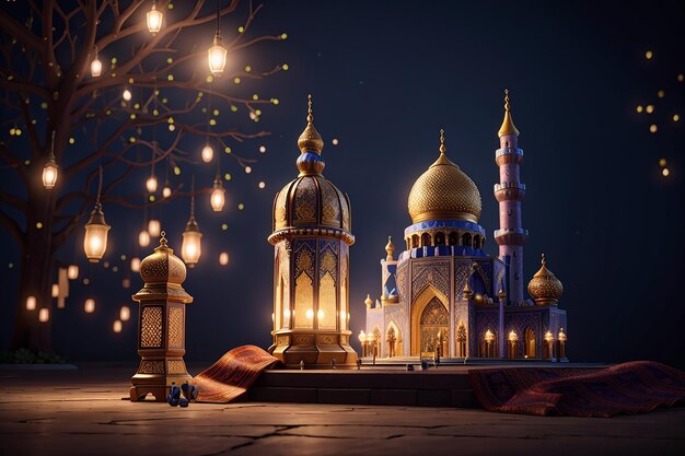 ramadan kareem eid mubarak koninklijke elegante lamp met moskee heilige poort met vuurwerk