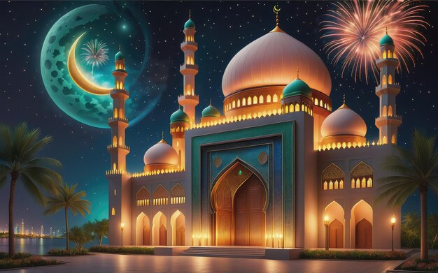 ramadan kareem eid mubarak lamp with mosque holy gate with fireworks