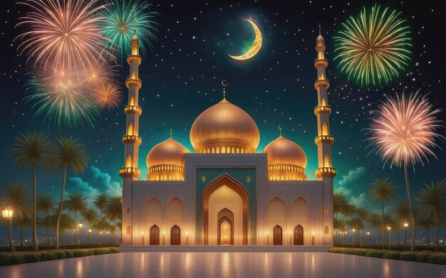 ラマダン カリーム イード ムバラク ランプとモスクの聖なる門と花火