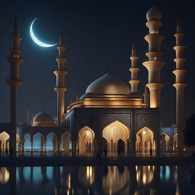 Ramadan Kareem Eid Mubarak-moskee in avond met zonlicht achtergrond