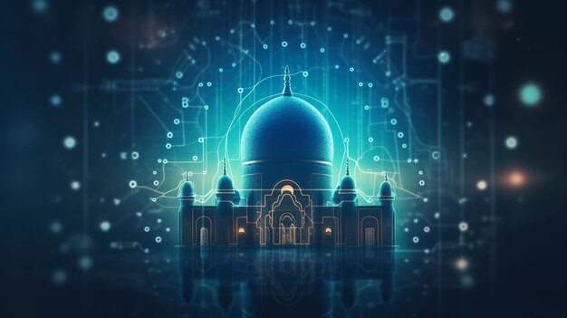 Foto ramadan kareem eid mubarak mosque illustrazione fatta da punti e linee poligonale filo telaio maglia bassa poli moschea islamica