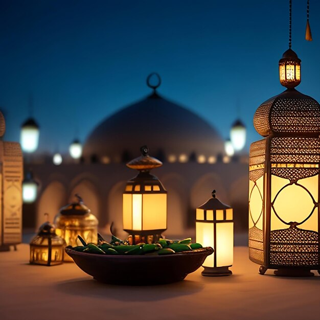 Ramadan kareem eid mubarak mosque in the lentin evening with sun light background