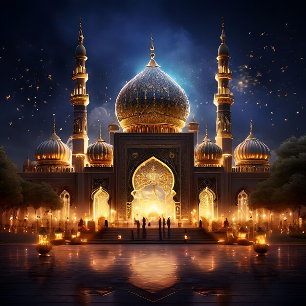 Ramadan Kareem Eid Mubarak Royal Elegant Lamp met Moskee Heilige Poort met vuurwerk