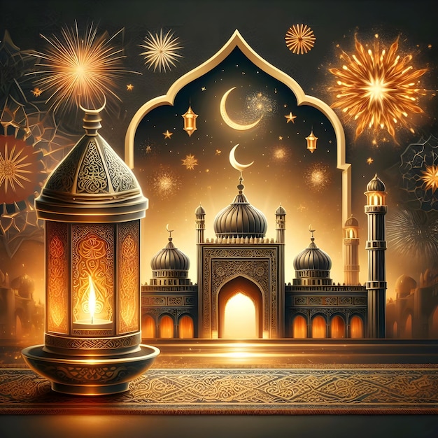 Ramadan Kareem Eid Mubarak Royal Elegant Lamp with Mosque Gate with firework