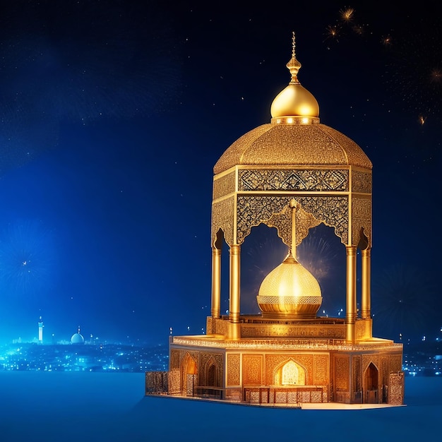 Ramadan kareem eid mubarak royal elegant lamp with mosque generative by ai