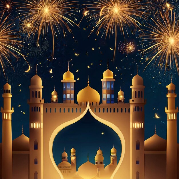 Photo ramadan kareem eid mubarak royal elegant lamp with mosque holy gate with fireworks